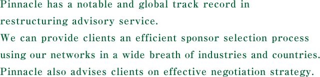 Pinnacle has a notable and global track record in restructuring advisory service. We can provide clients an efficient sponsor selection process using our networks in a wide breath of industries and countries. Pinnacle also advises clients on effective negotiation strategy.