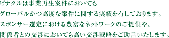 ピナクルは事業再生案件においてもグローバルかつ高度な案件に関する実績を有しております。スポンサー選定における豊富なネットワークのご提供や、関係者との交渉においても高い交渉戦略をご助言いたします。